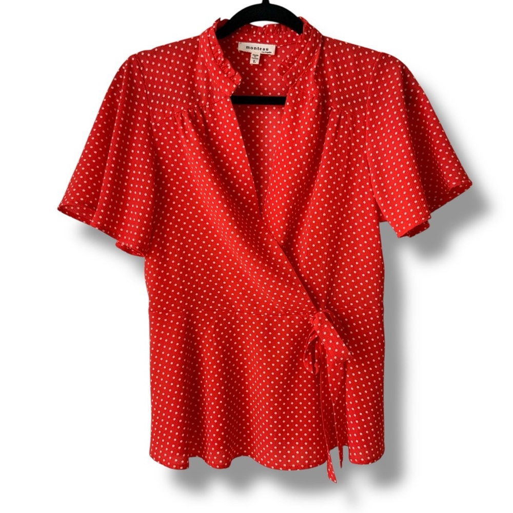 MONTEAU Wrap Blouse with Mandarin Collar Polka Dot Red White Large